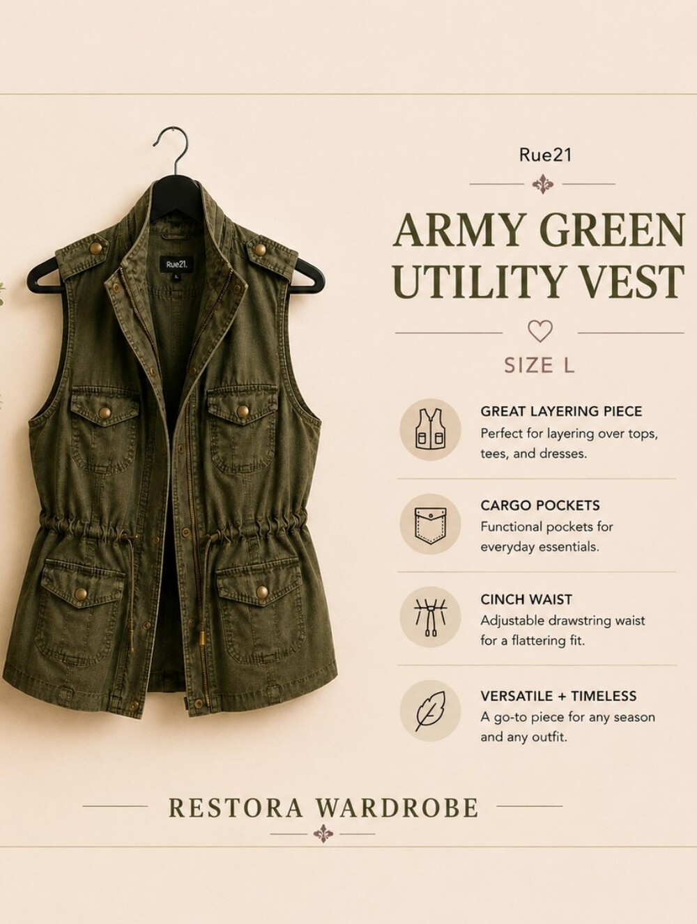 Rue21 Olive Green Utility Vest Size L Cargo Cinch Waist Military Jacket